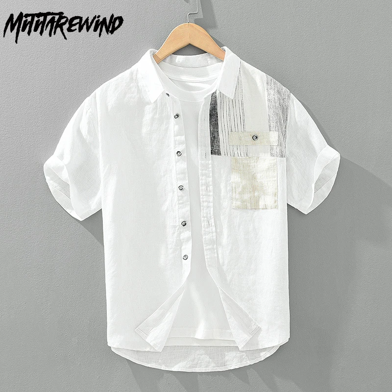 Camisa branca de manga curta masculina, Tops masculinos respiráveis, patchwork com gola quadrada, linho puro, casual, praia, roupas da moda, verão