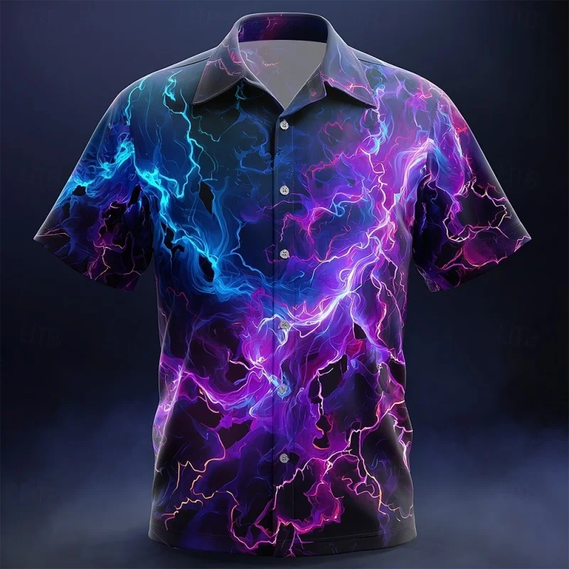 

Skeleton Flame lightning Pattern Hawaiian Shirt For Men Gradient 3D Printed Short Sleeves Summer Blouse Beachwear Aloha Shirts