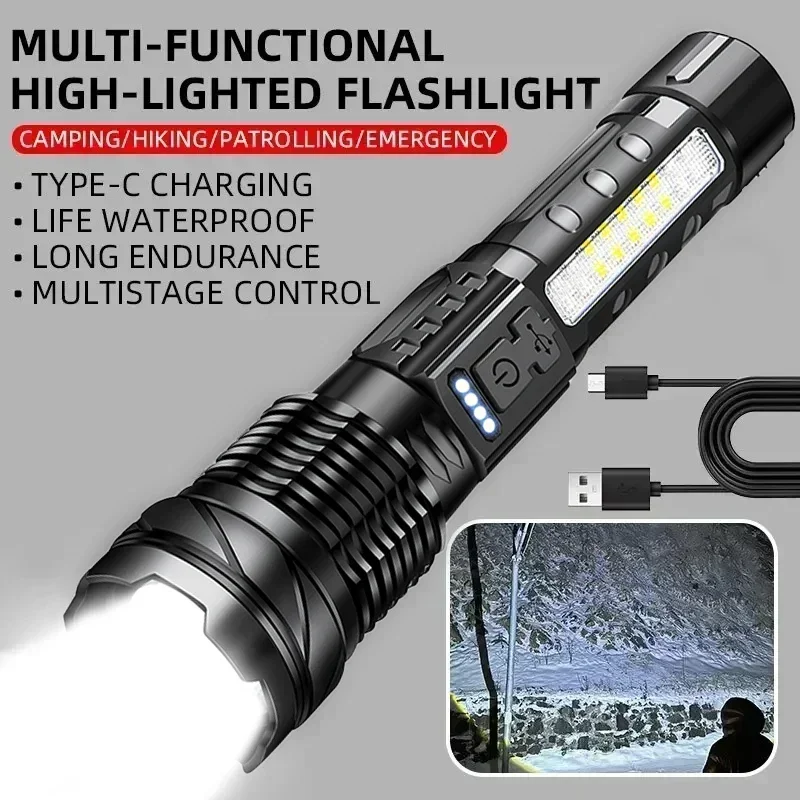 كشافات تكتيكية ليد عالية الطاقة ، كشافات طوارئ ، تكبير تلسكوبي ، بطارية مدمجة ، USB قابلة لإعادة الشحن ، مشعل تخييم
