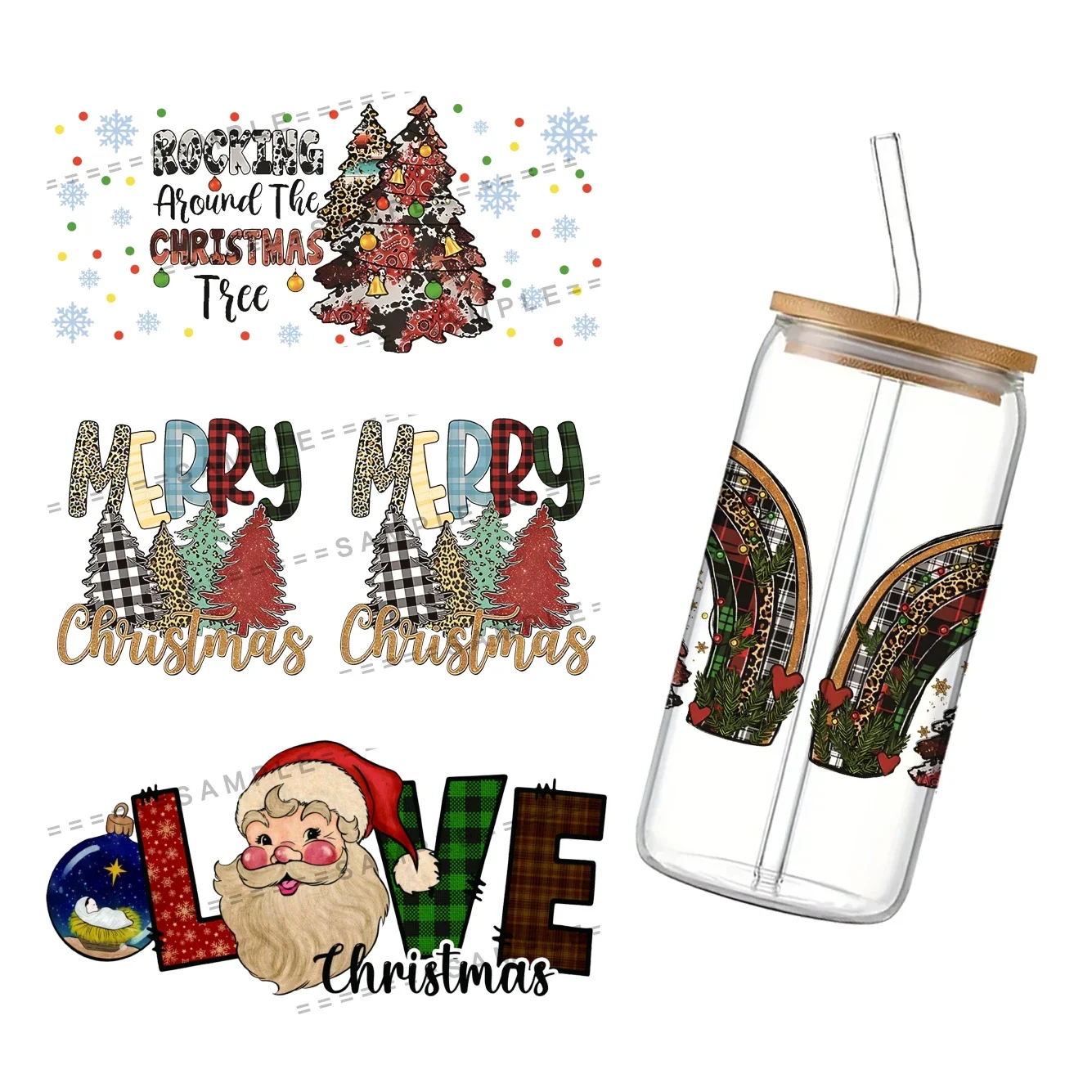 Świąteczne okleiny na kubki Libbey 16oz, UV DTF, okleina na kubek do kawy, okleina na szkło Libbey, Wesołych Świąt