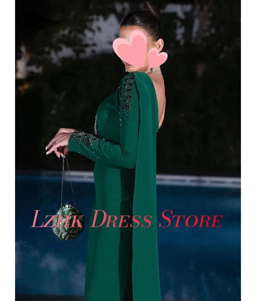 맞춤형 공식 저지 스트레이트 크리스탈 진주 이브닝 드레스 고품질 긴 소매 오-넥 바닥 길이 연예인 가운