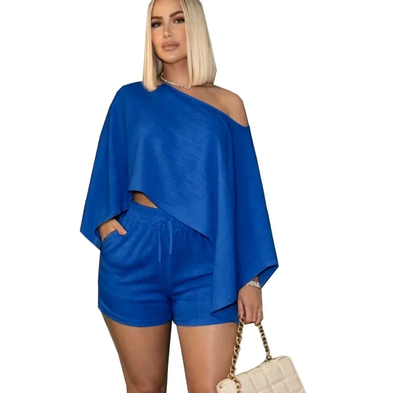 Women Solid Ribbed Loose Casual 2 Piece Set Inclined Shoulder Shawl Crop Tops + Shorts Vacation Beach Casual Suits Streetwear
