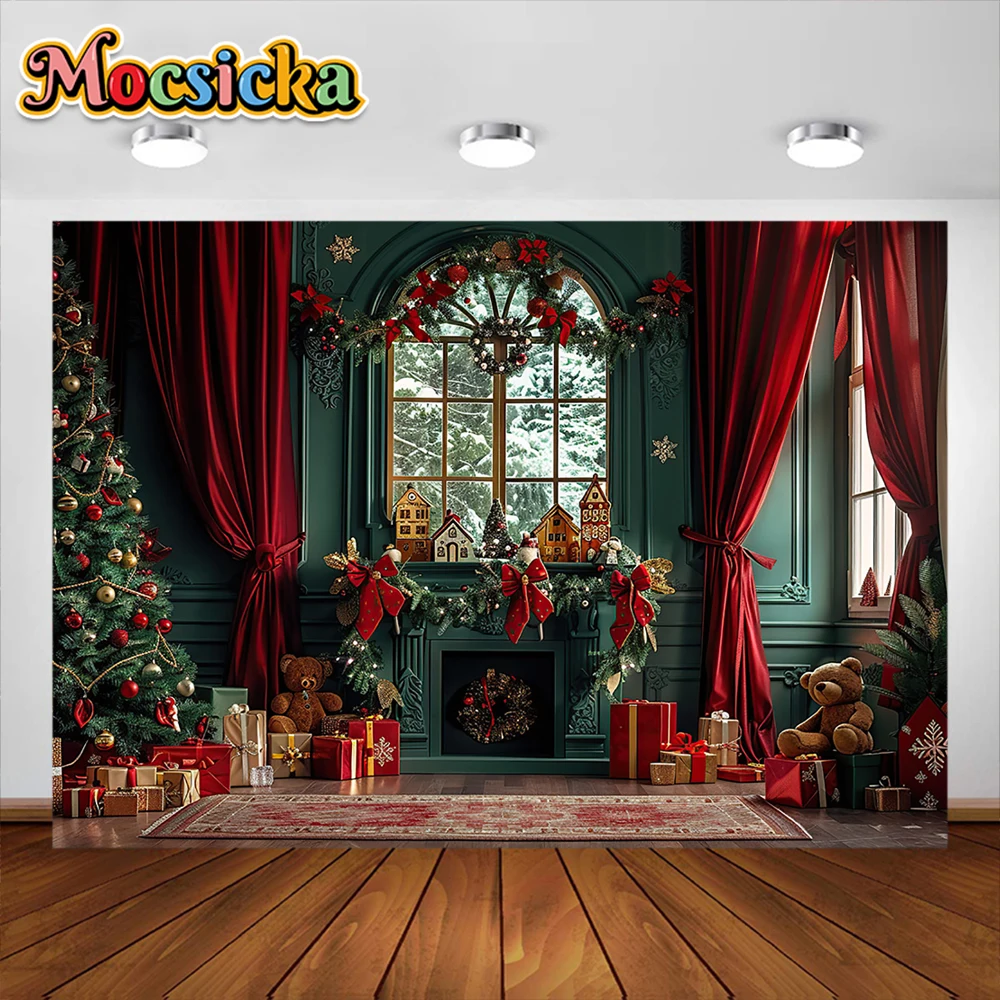 Mocsicka Christmas Room Photography Background Xmas Tree Gifts Windows Holiday Decoration Supplies Kids Portrait Backdrop Props