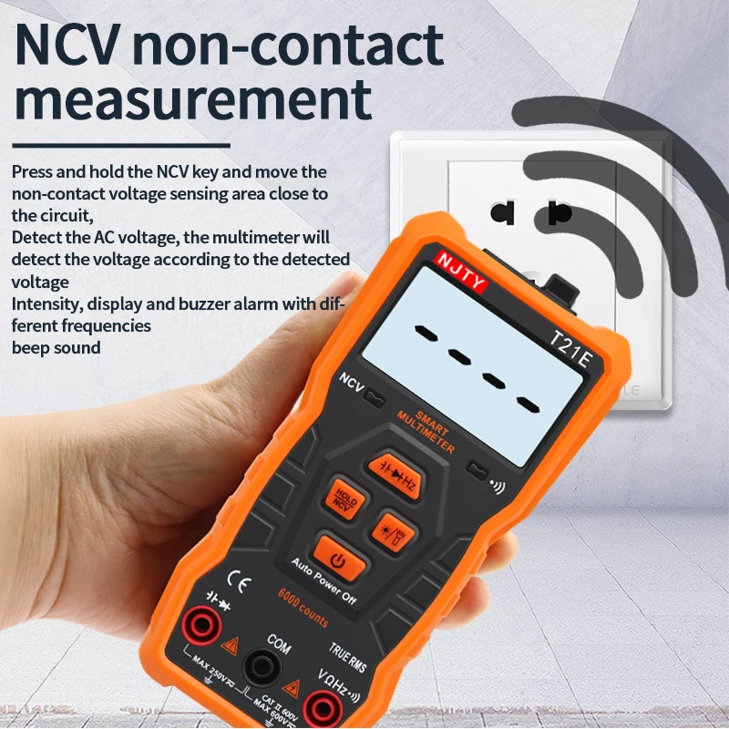 NJTY Digital Multimeter T21A T21B T21C T21D T21E 6000 Counts AC/DC A V Auto Range T-RMS NCV Handheld Multimetro Voltmeter Tester