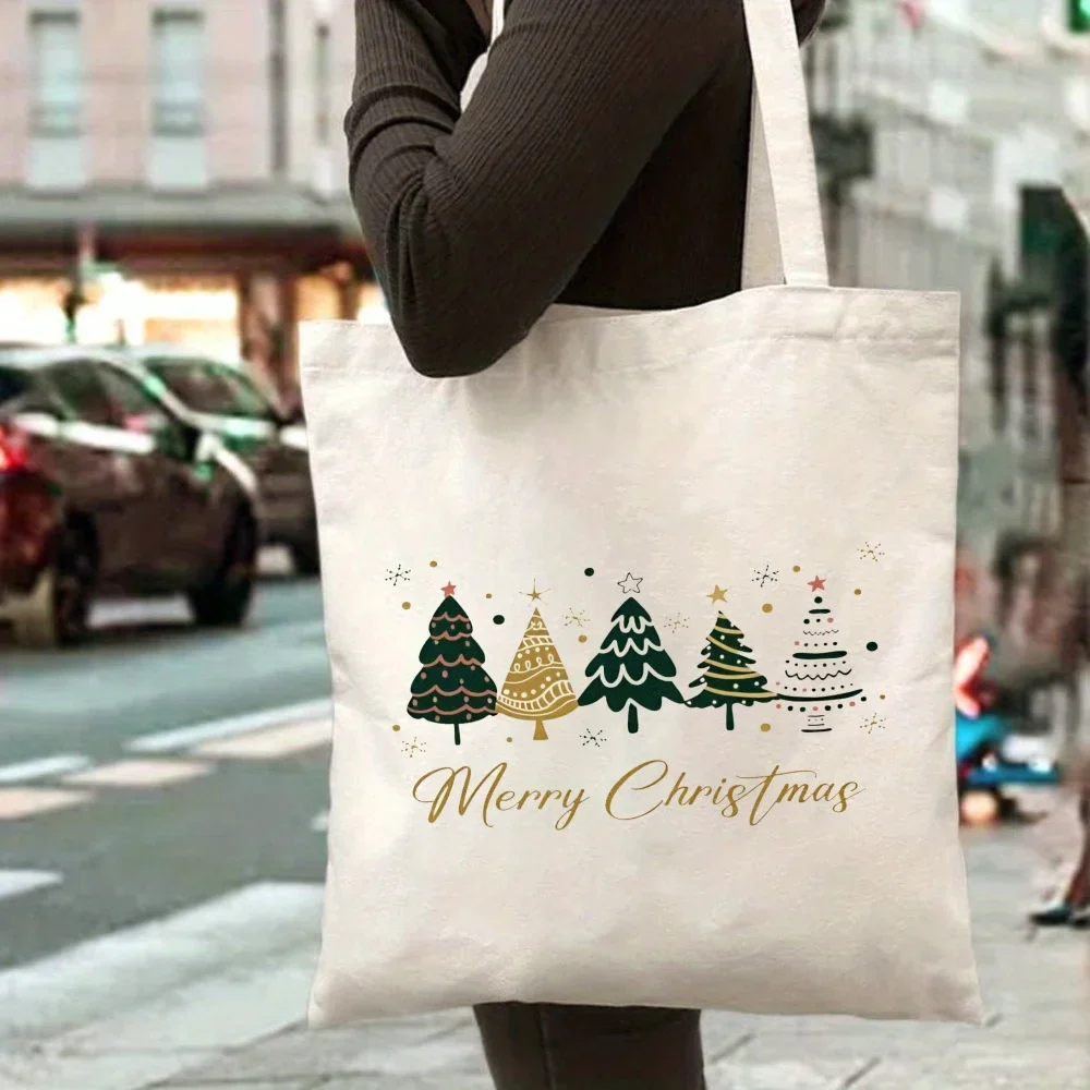 Cotton Canvas Tote Bag Minimalist Christmas Trees Print Shoulder Bag For Winter Outing