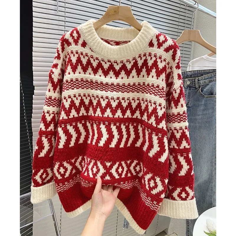 Y2K Thicken Plush Winter knitted pullover vintage sweaters women Loose Knitted Pullover Jersey Jumper Lovely christmas red coats