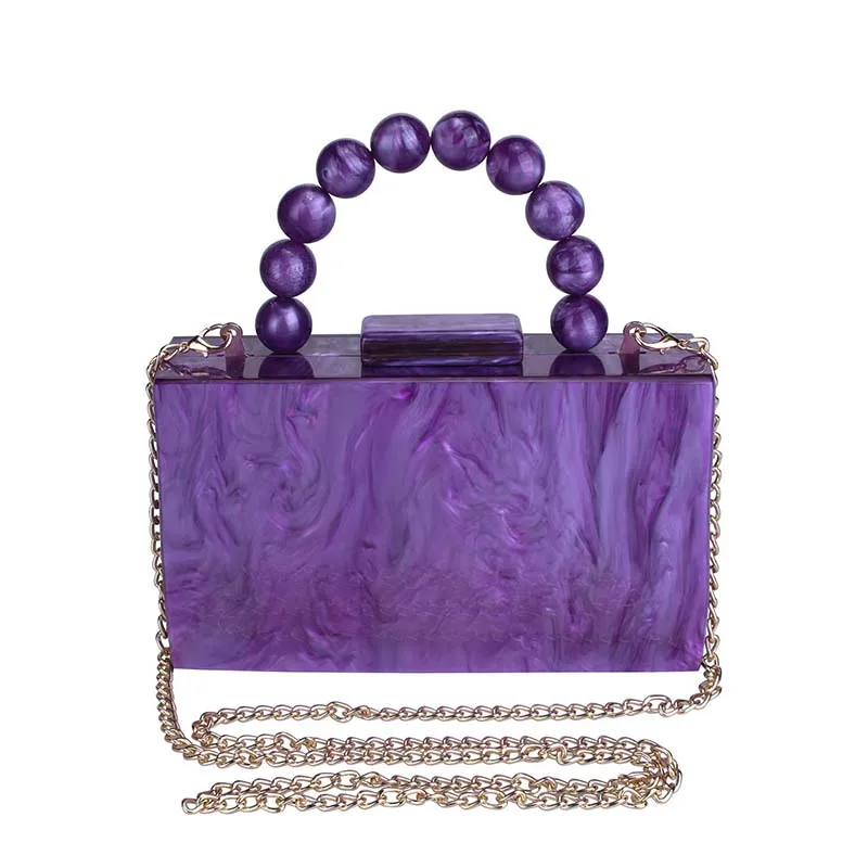 Square Acrylic Handbag Box with Pearl Beads Chain for Women 2024 Trendy Marbling Clutch Purse Wedding Evening Party Shoulder Bag