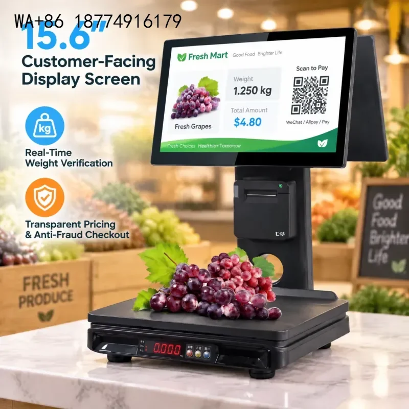wmwmnu Android Windows POS Weighing Scale 15.6 Inch HD Touchscreen 58mm Thermal Printer Dual Range 6-15kg 15-30kg Supermarket
