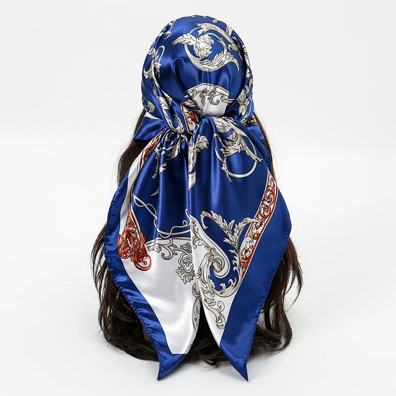 レトロプリント 90 センチメートル正方形シルクスカーフ女性ネッカチーフ女性ショール新しいヘッドバンドヘアバンドスカーフヒジャーブラップバンダナ高級
