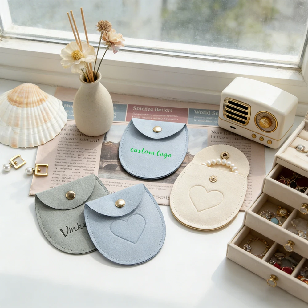 

Custom Logo 50PACK Velvet Microfiber Jewelry Pouch 7.8x8.5cm Gift Packaging Oval Bags Earrings Envelope Snap Button Dust Pocket