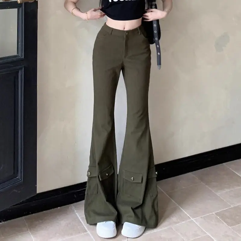 

Cargo Jeans, Army Green Multi-Pocket Women'S Slimming American Retro High-Waisted Boot-Cut Trousers Floor-Length Trousers