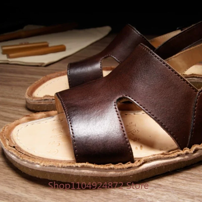 Summer Vegetable Tanned Cowhide Roman Shoes Men's Sandals Genuine Leather Hollow Out Outdoor Sport Flat Beach Shoes Male