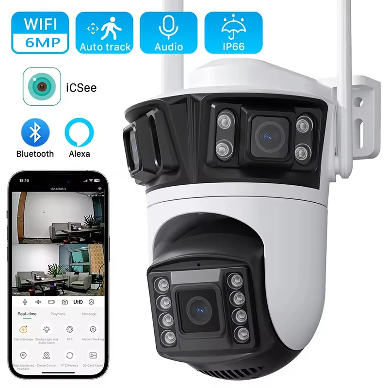 

6K 12MP HD Трехэкранная Wi-Fi IP-камера Уличная камера с тремя объективами 6MP Ai Обнаружение человека Приложение iCsee Камера видеонаблюдения