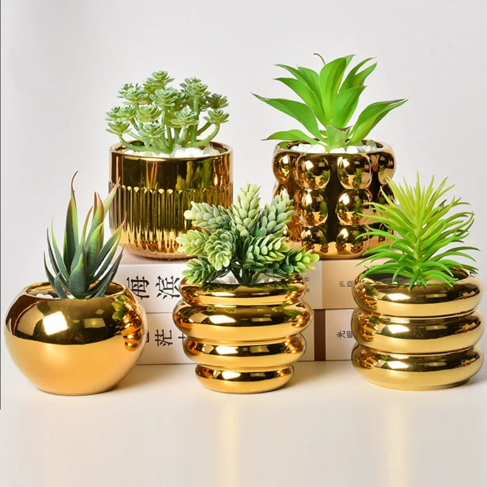 

Nordic Electroplated Golden Ceramic Flowerpots Creative Fleshy Green Plantpots Light Luxury High Sense Ornaments Flowerpots