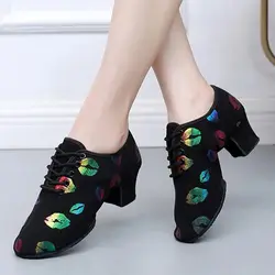 high heel dance shoes sneakers women ballroom latin dance shoes woman black close toe dancing shoes for women Lip print