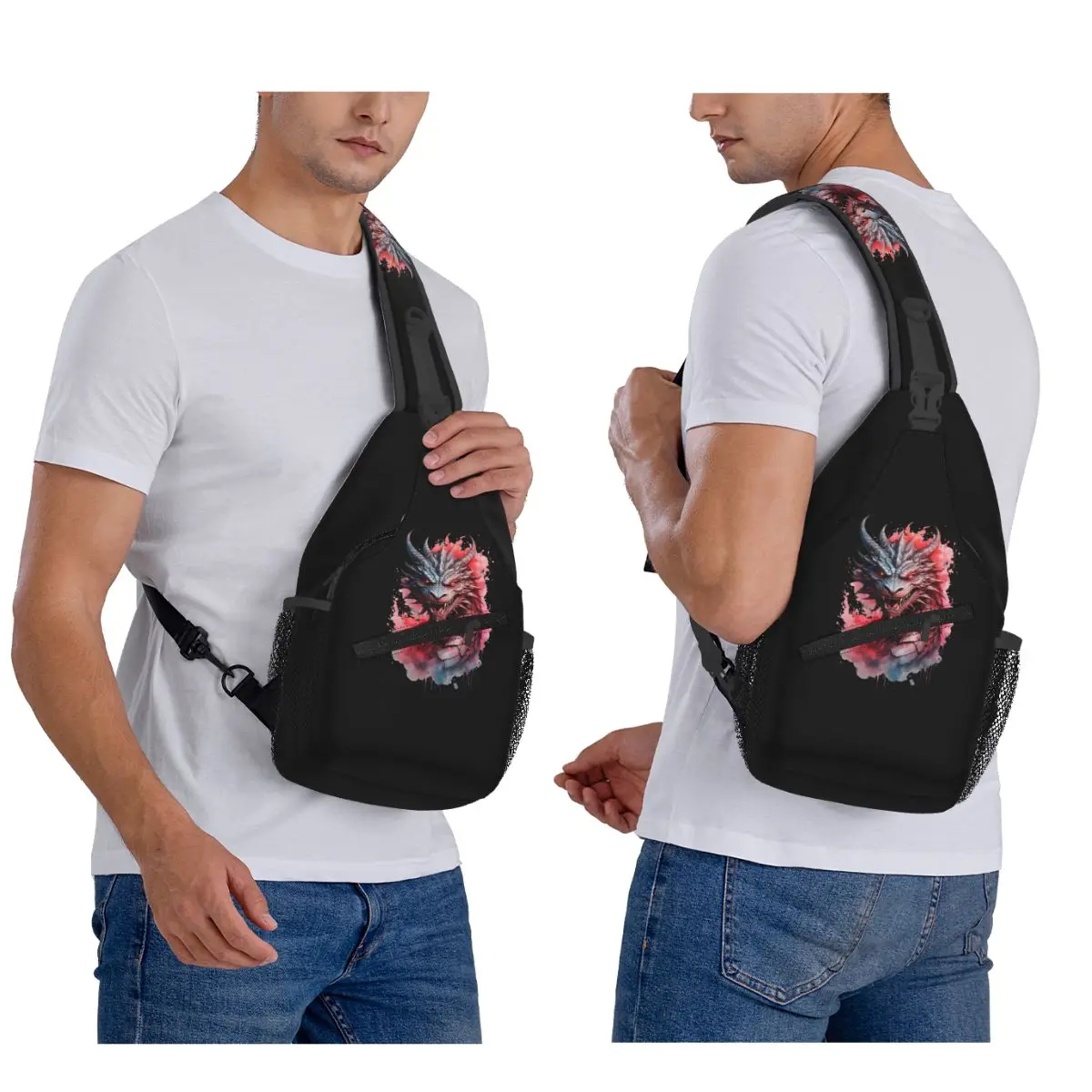 Rth Wing الصينية الأحمر التنين رئيس حقيبة صدر للرجال الرجال الرافعة Crossbody على ظهره حقيبة صدر للرجال السفر المشي لمسافات طويلة Daypack حقيبة كتف