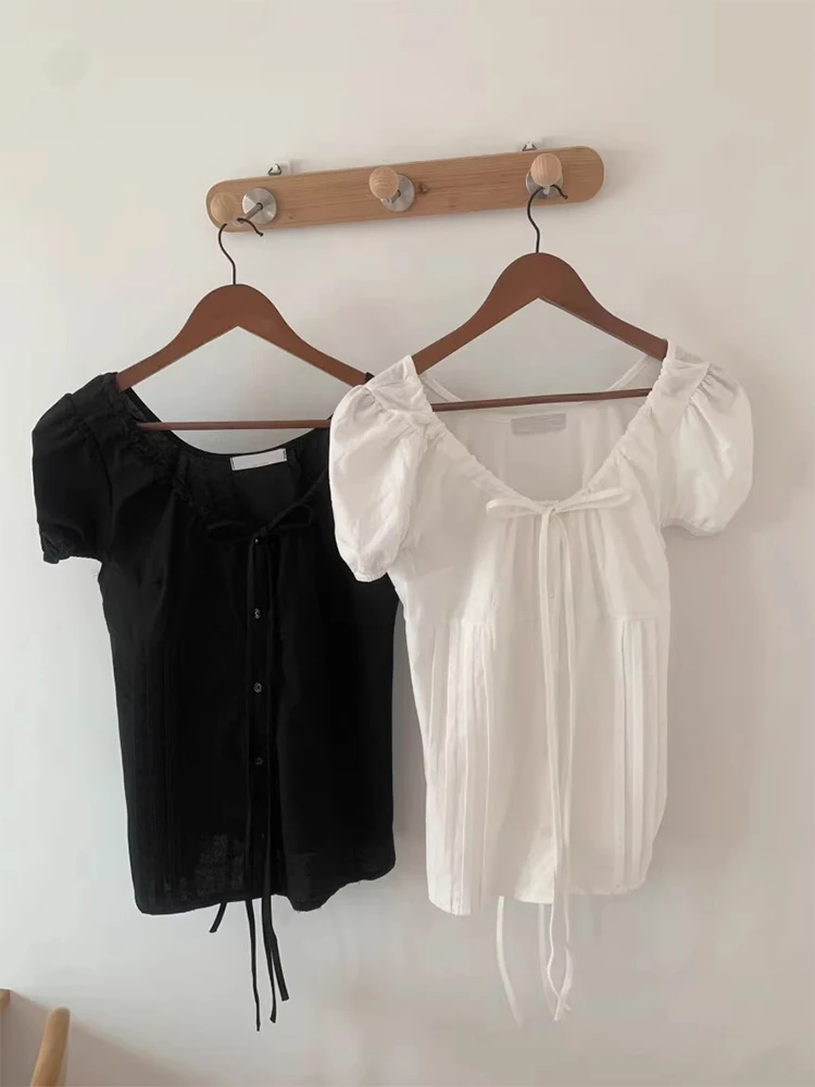 Été nouveau Sle femmes irt noeud Dstring taille cintrée bulle Sve haut coréen Sle Slim Fit ort Sve...