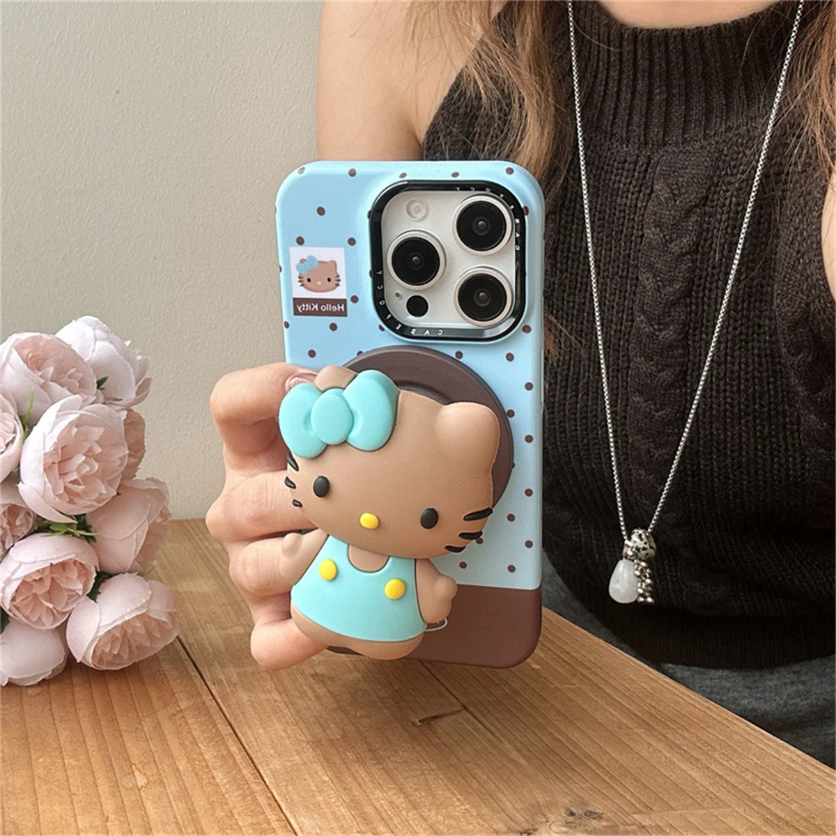 

Fashion Blue Polka Dot Magnetic Phone Case For iPhone 17 Pro 15 14 16 Pro Max Back Cover with Hellokitty Stand Cute Cases