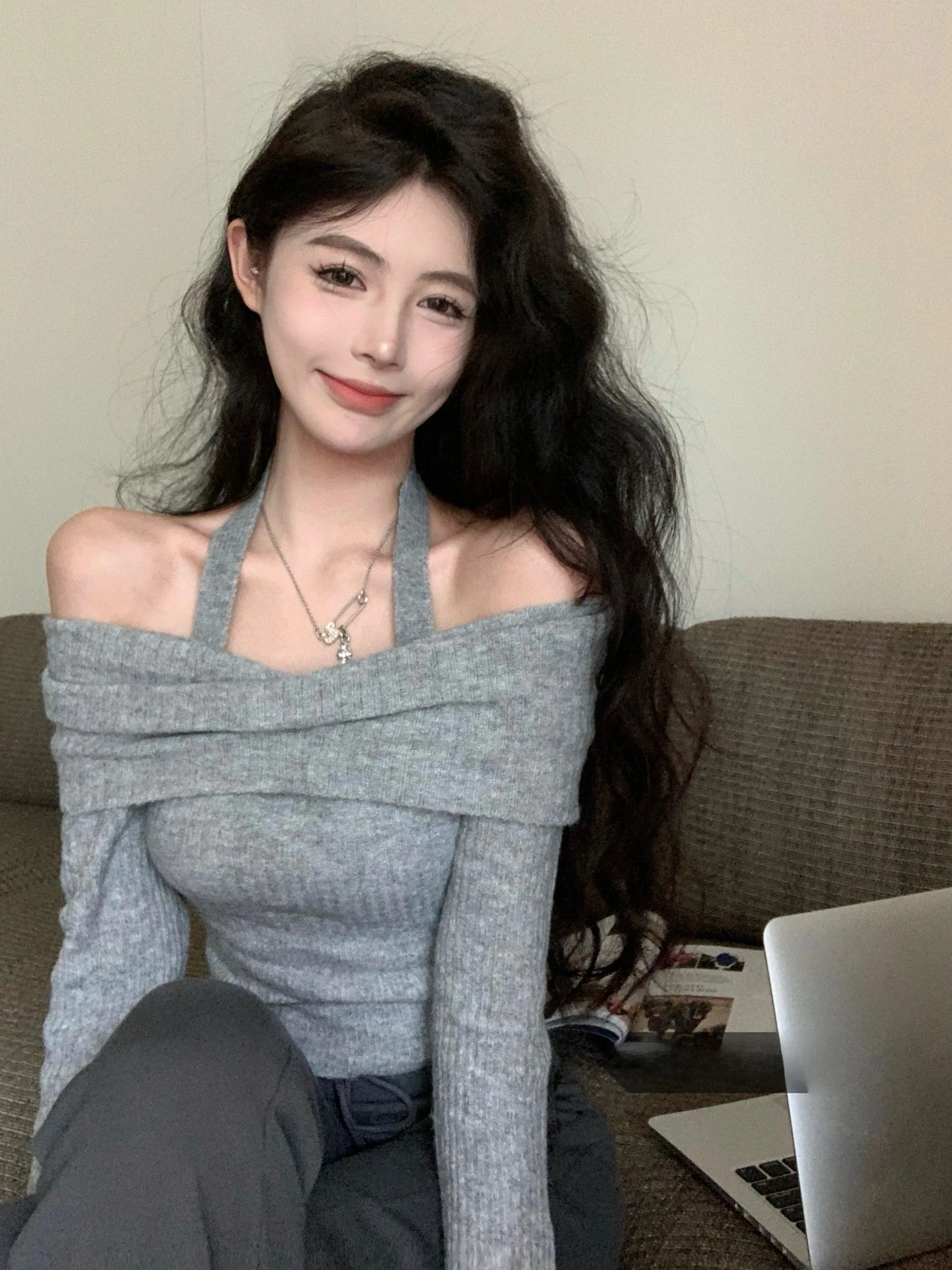 

Женский вязаный свитер Pure Desire с открытыми плечами, весенний, с длинным рукавом, базовый топ, сексуальный, короткий, в корейском стиле