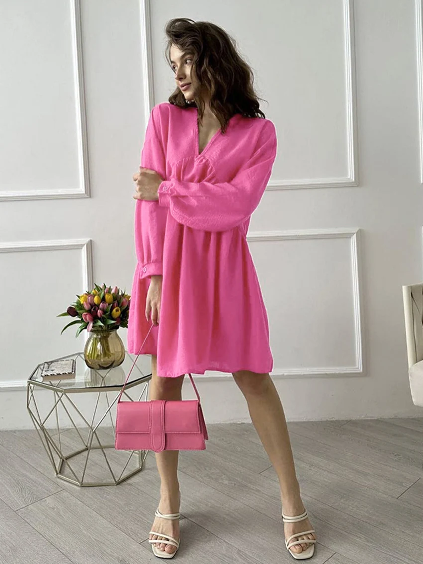 

Marthaqiqi Loose Home Clothes Ladies Nightwear Sexy V-Neck Sleepwear Long Sleeve Nightgown Casual Mini Dress Casual Femme Pajama