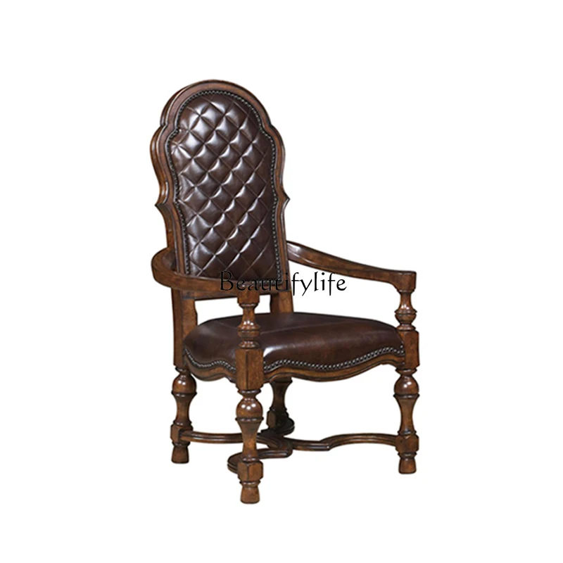 

Pure Beautiful Country Mahogany Solid Wood Leather Dining Chair European Style Villa Home Chair