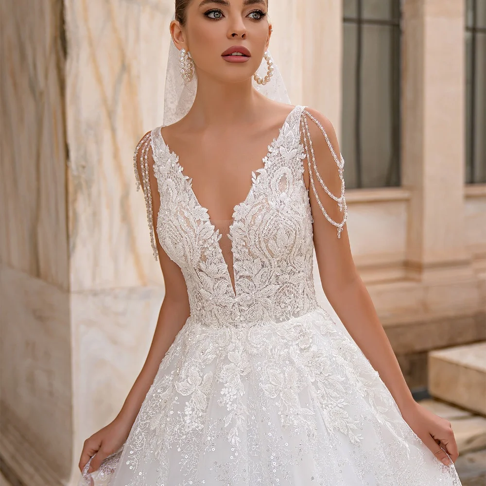 Robe de mariée en dentelle bohème personnalisée, ligne A, col en V, appliques, pierre, cristal, perlé, patients, quelle que soit la robe de mariée, YAW67