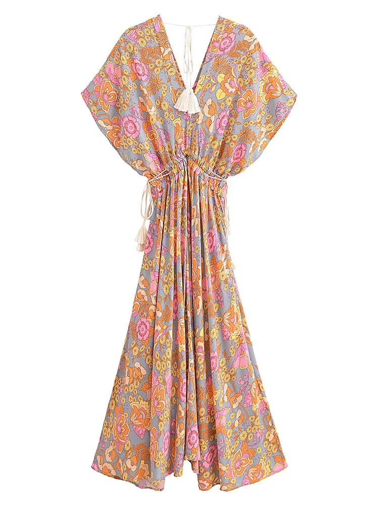 Vintage Chic  Women Floral V-neck Batwing Sleeve Tassel Beach Bohemian Maxi Dress Ladies Rayon Cotton Summer Boho Dresses Robe