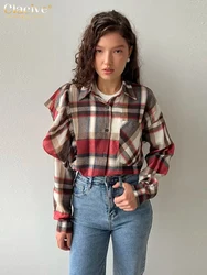 Clacive Casual Loose Plaid Women's Shirt 2025 Fashion Lapel Long Sleeve Blouse Elegant Classic Ruffle Blusa Top Female Clothing