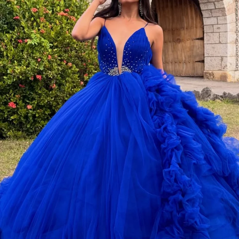 

Королевские синие платья Quinceanera с открытыми плечами и блестящими наклейками с длинным хвостом и бантом Vestido De 15, Quinceanera на заказ