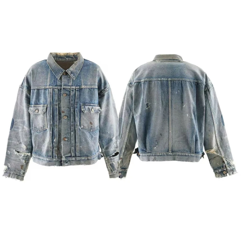 

Американская осенне-зимняя мужская одежда Saint Denim Jacket Destruction Hole Heavy Wash Old Graffiti Свободные ковбойские пальто SAINT