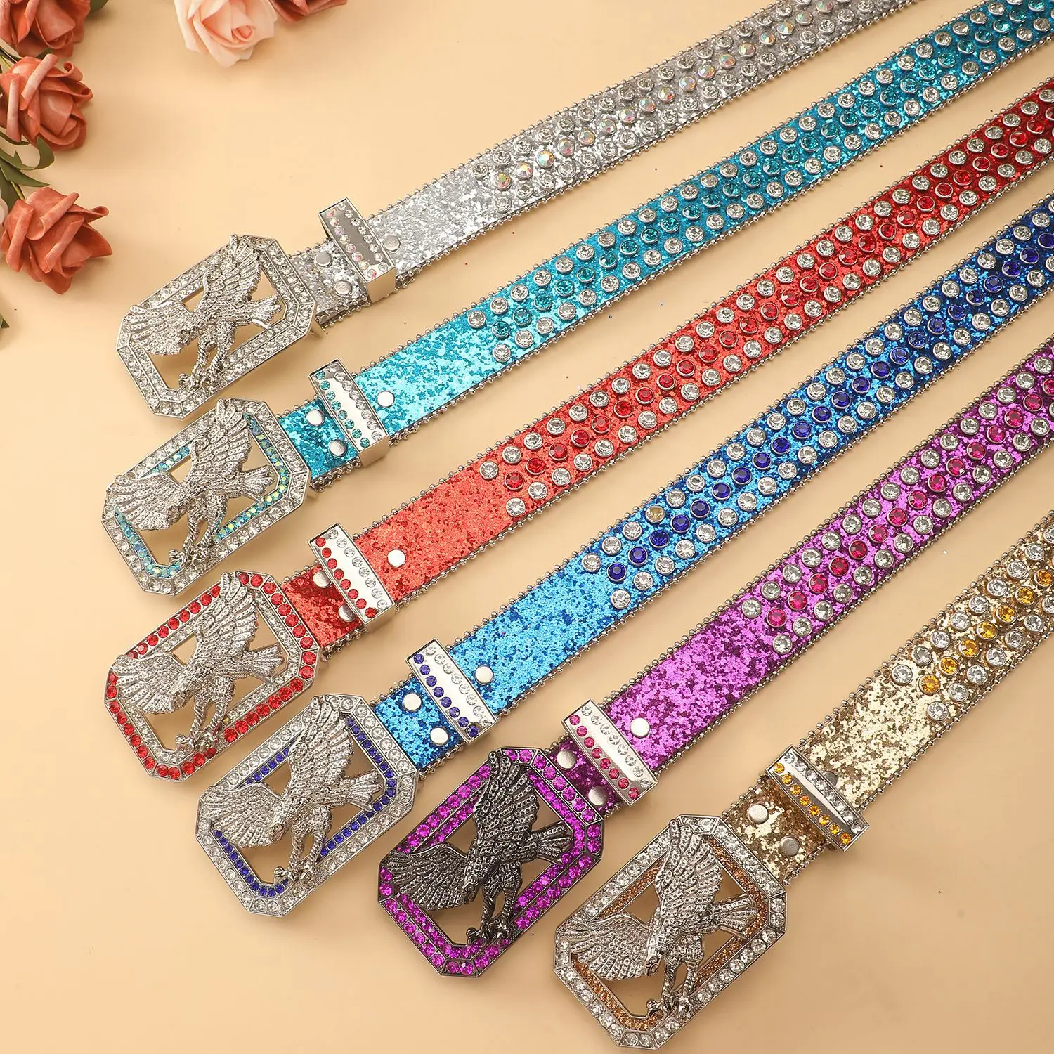 Flying Eagle Rhinestone Buckle Waist Belts Bling PU Leather Sequined Jeans Belts Green Purple Blue Silver Rivet Rock Cinturones