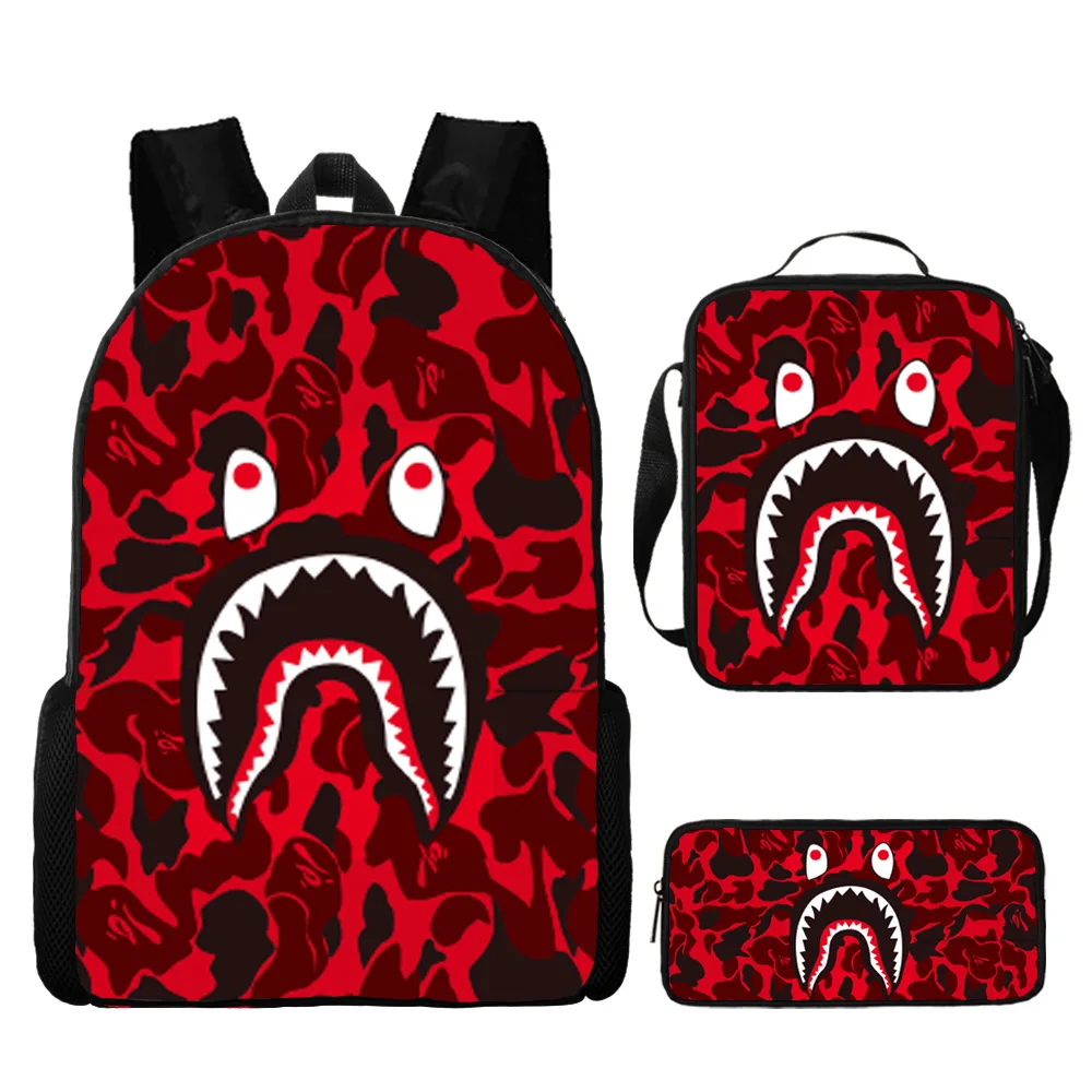 Camo Colored Shark Schoolbag Backpack Lunch Bag Pencil Case Set Gift for Kids Students