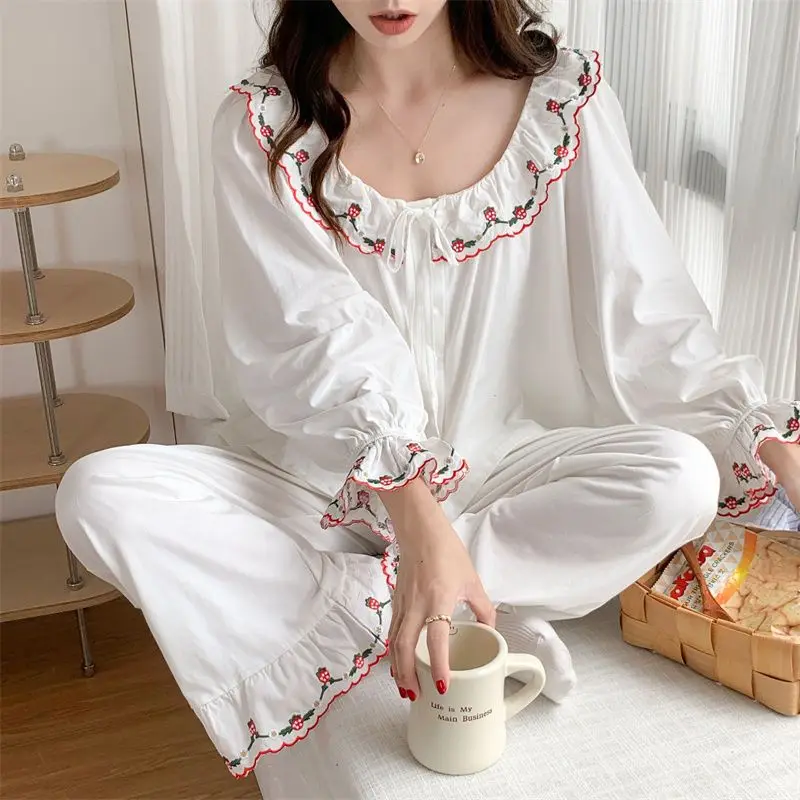 Pajama Sets Women Embroidery Retro Korean Style Lovely Baggy Sleepwear Student Ins Popular Hot Sale Trendy Harajuku Homewear New