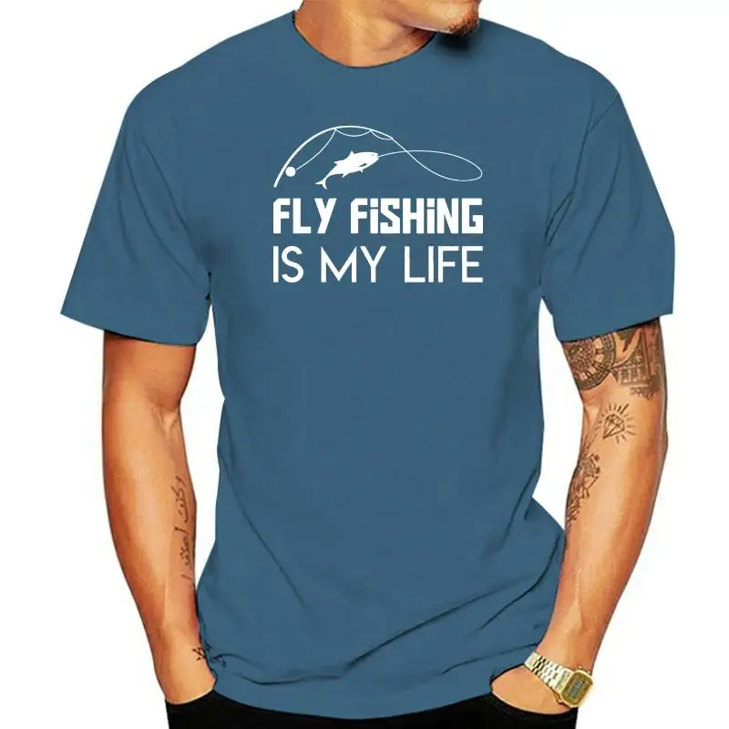 Men's Slim Fit T-Shirt 'My Life Cool Fly Fishing' Design Henry Collar Nine Sleeve Length Youth Trend Autumn Collection