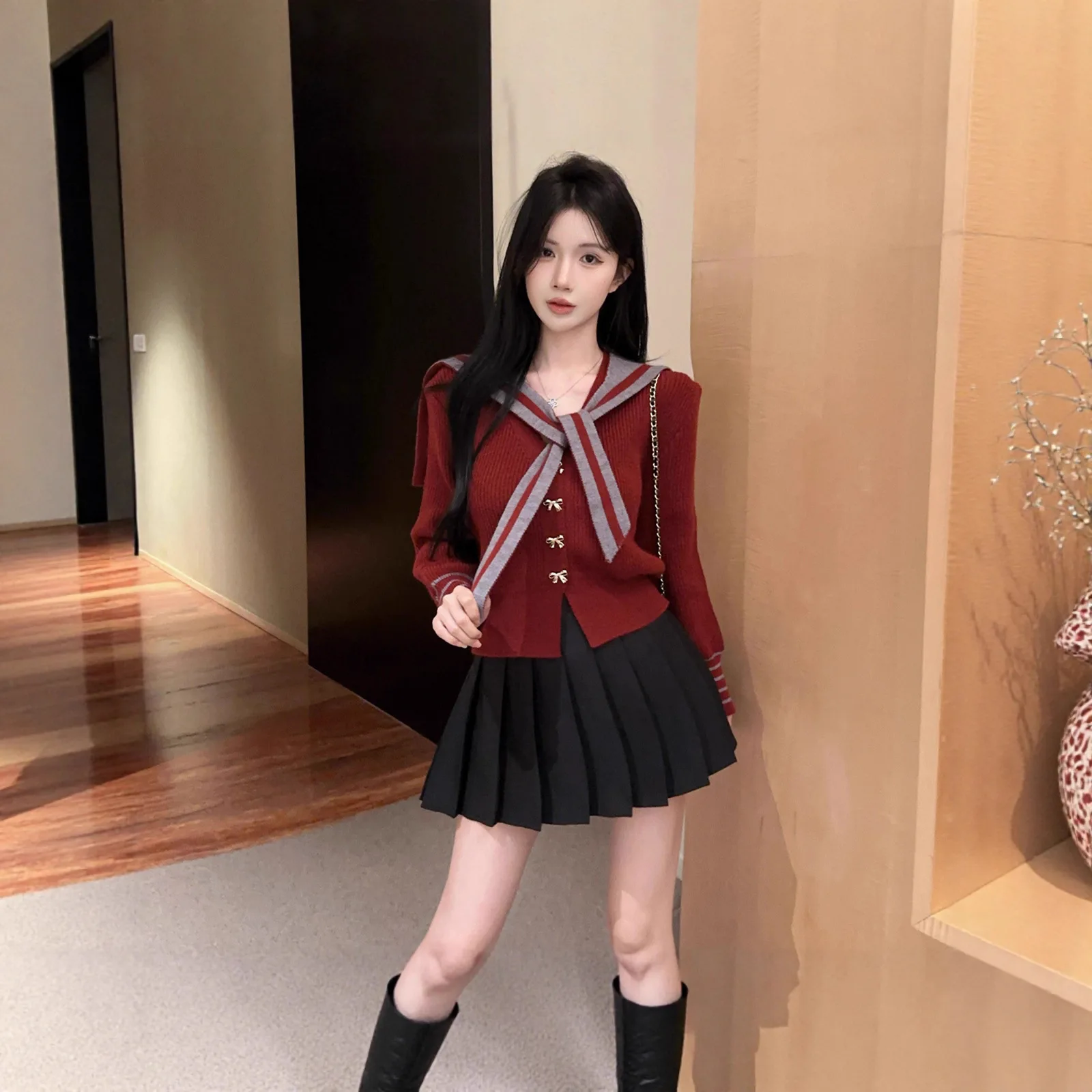 Autumn Winter Knitted Sweater Set Sweet Navy Collar Red High Waist Versatile JK Pleated Skirt Set Women's Fashion Workwear