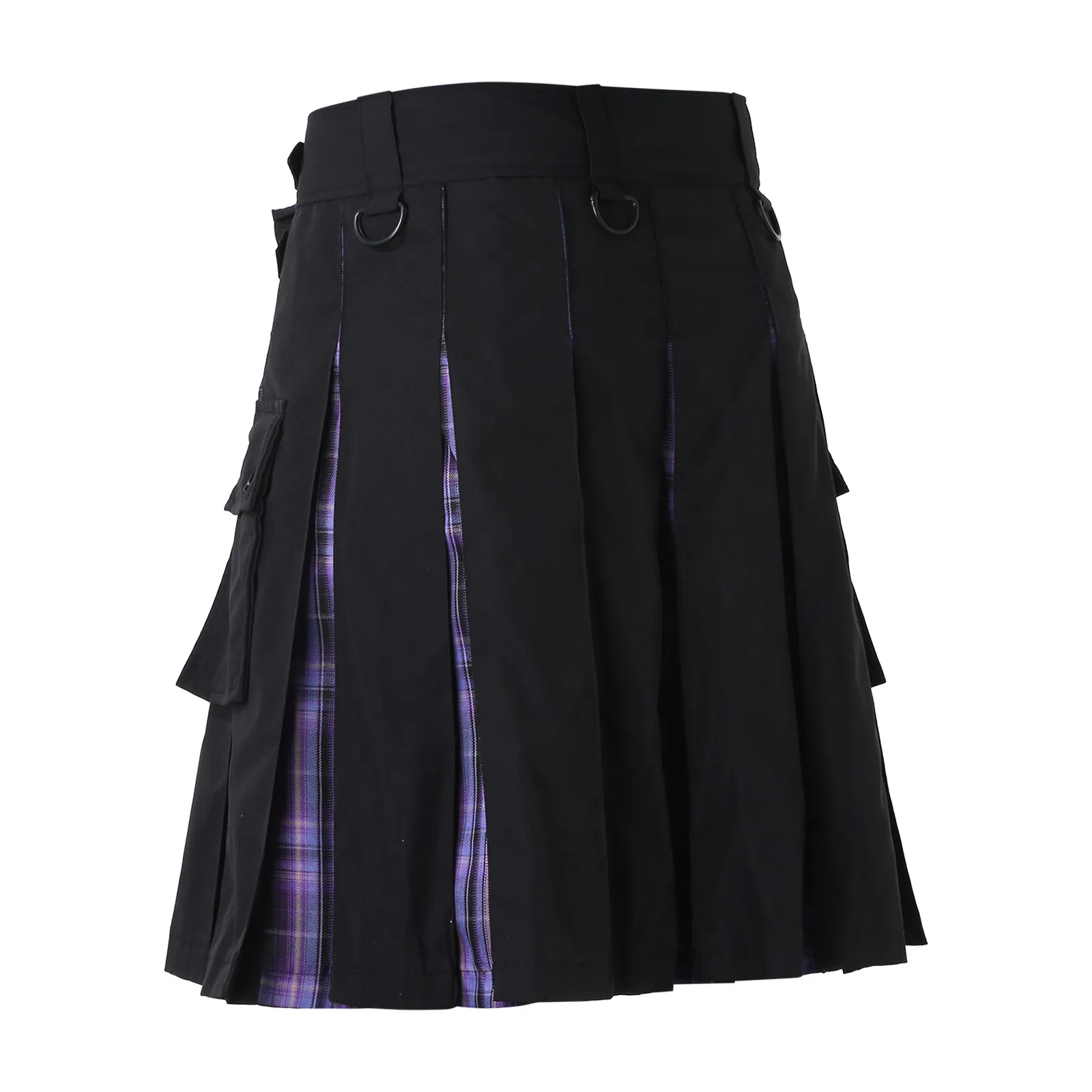 Men's Fashion Casual Scottish Style Half Bodies Skirts Plaid Contrast Pleated Skirts With Pockets Gothic Punk Vintage Kilt