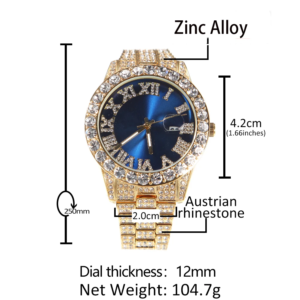 THE BLING KING Men\'s Watch Big Pink Purple Blue Dial Iced Out Quartz Clock Luxury Rhinestone Business Waterproof Wrist Watches