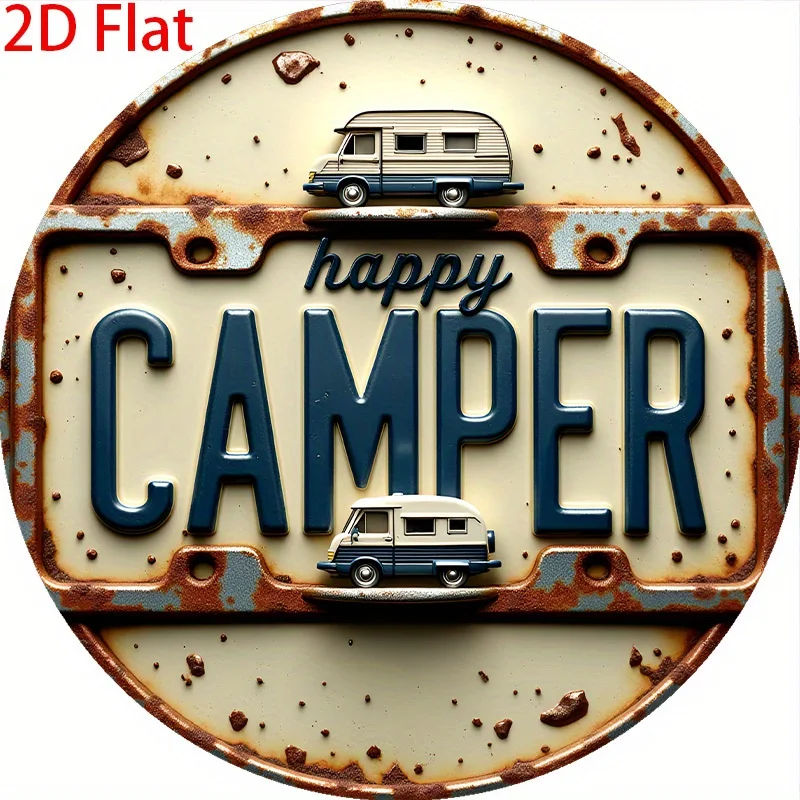 2D Flat, 1pc 2D Flat print Metal iron sign 2D Flat, 1pc Vintage Happy Camper Sign Wall Art - 20.32x20.32cm Rustic Round Plaque w