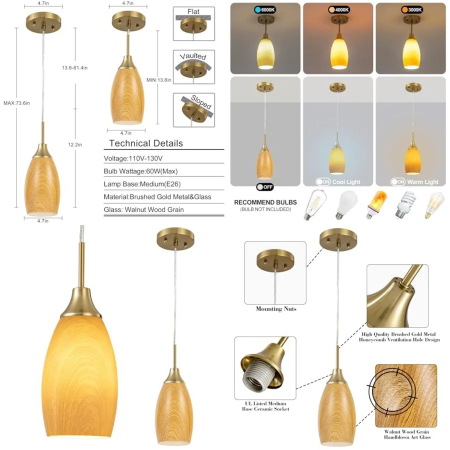 Mini Glass Pendant Light 4.72" Pendant Lights Handblown Art Oval Glass Hanging Pendant Light for Kitchen Island Dining Room Liv