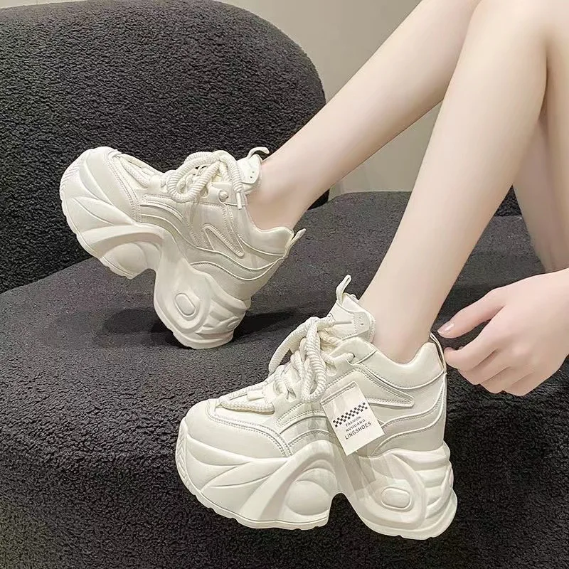 

White Chunky Sneakers for Women, Hidden Heel, Platform Sports Dad Shoes, Lace Up, Height Increasing, Casual Shoes, New, Autumn,