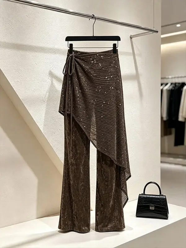 Glamorous Coffee Sequin Wrap Overlay Flare Pants For Women High Waist Side Tie Knot Asymmetrical Skirt‑layer Sheer Mesh Trousers