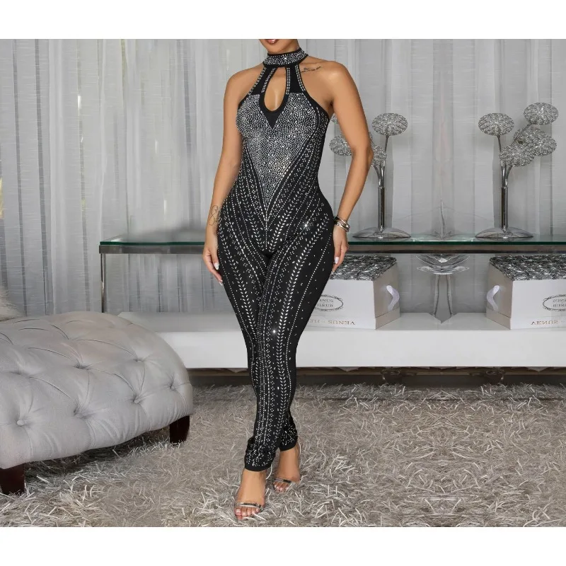 

Elegant Jumpsuit, Solid Diamond O-neck, Off Shoulder, Hollowed Out, Sexy Slim Fit Nightclub, Evening Wedding Party, Sexy Jumpsui