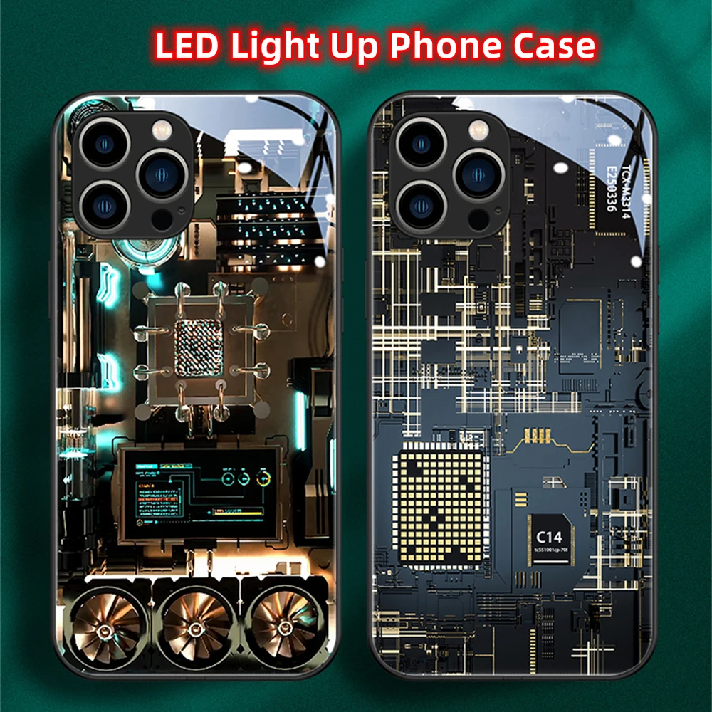 Luxury Circuit Board Style LED Light Up Glowing Luminous Phone Case For Samsung S24 S23 S22 S21 S20 FE Note 10 20 Plus Ultra A54