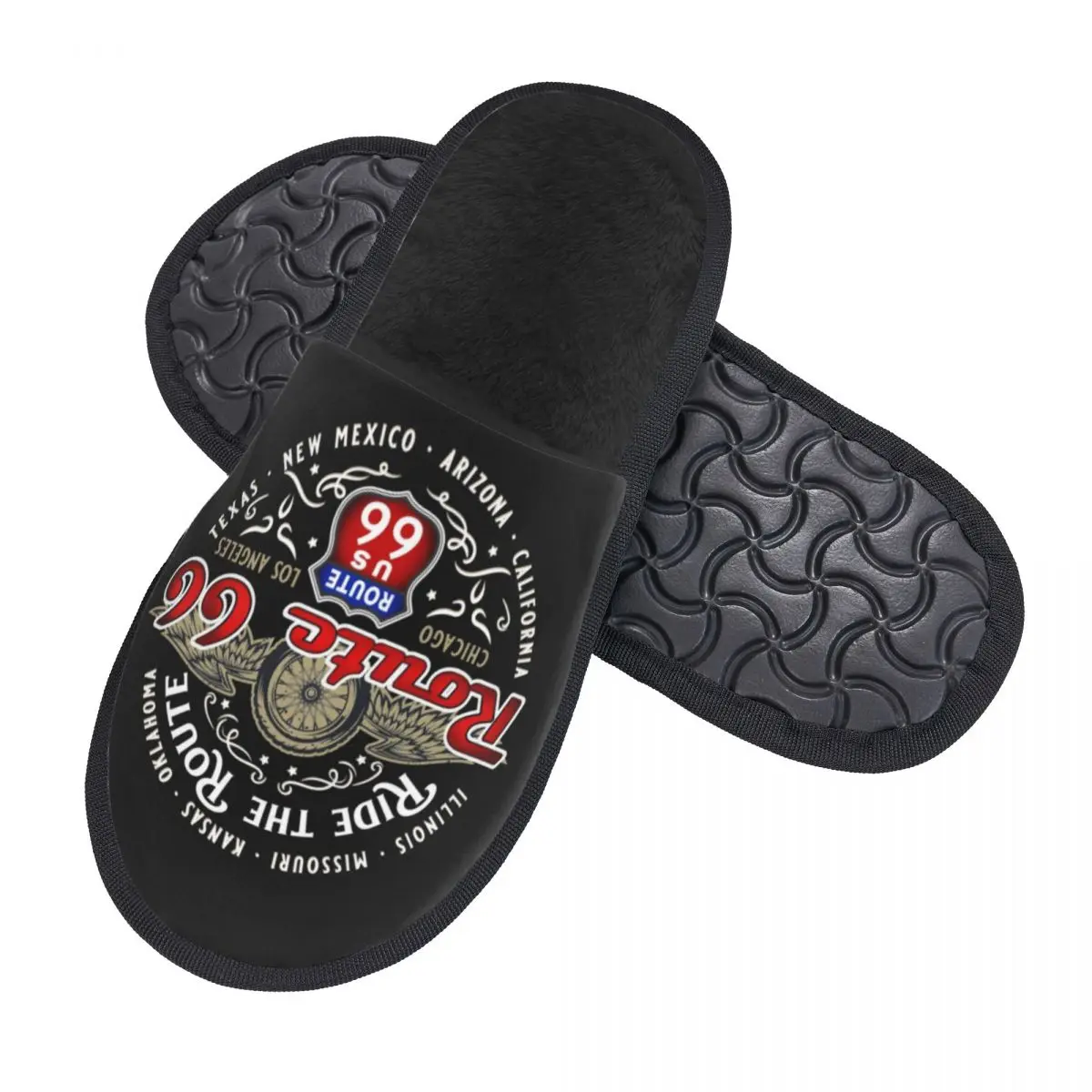 Ride The Route 66 Biker Motorcycle Cruise America's Highway Cozy Scuff Memory Foam Slippers The Mother Road Hotel House Shoes