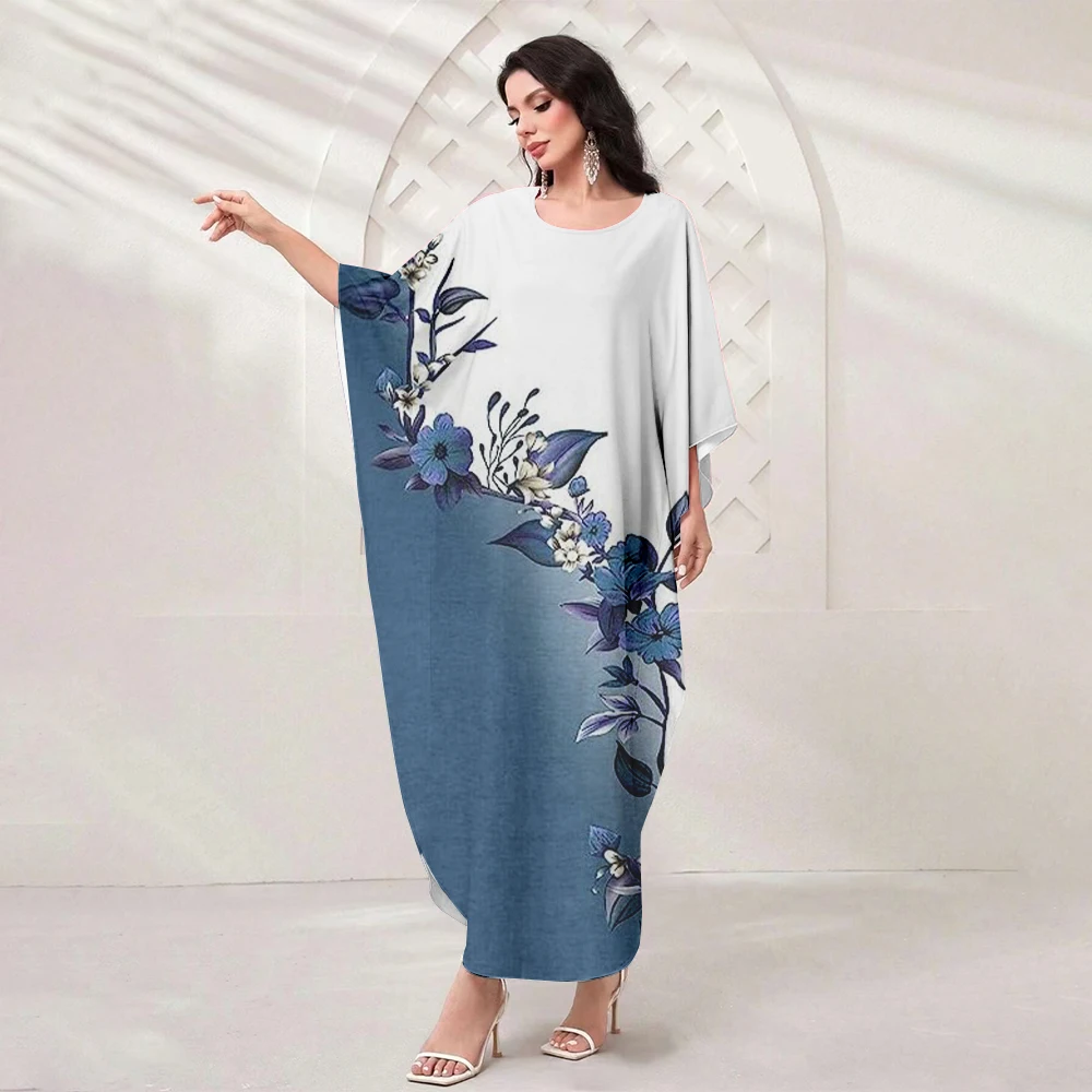 New Muslim Robe Loose Dress Women's Gilbarb Muslim Dress Fashion Bat Sleeve O Neck Casual Floral Printed Robe Islamic Dresses