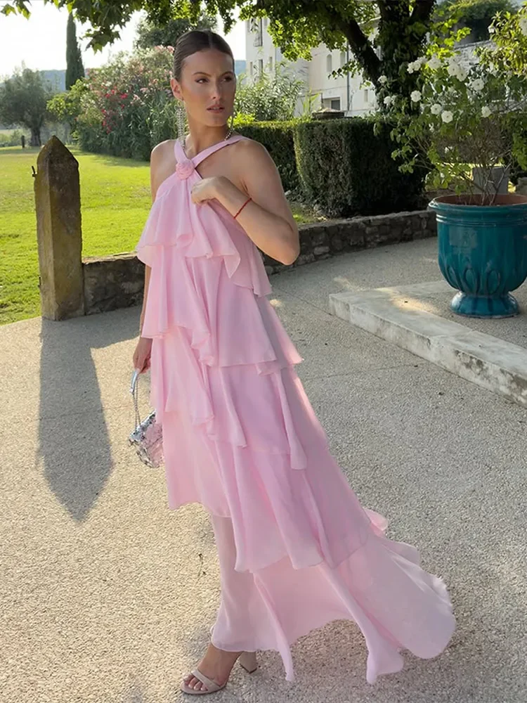 Ruffles Halterชุดผู้หญิง 3Dดอกไม้แขวนคอBackless Fluffy Baggy Robes Elegant Beachสายคล้องคอชีฟองชุดยาว