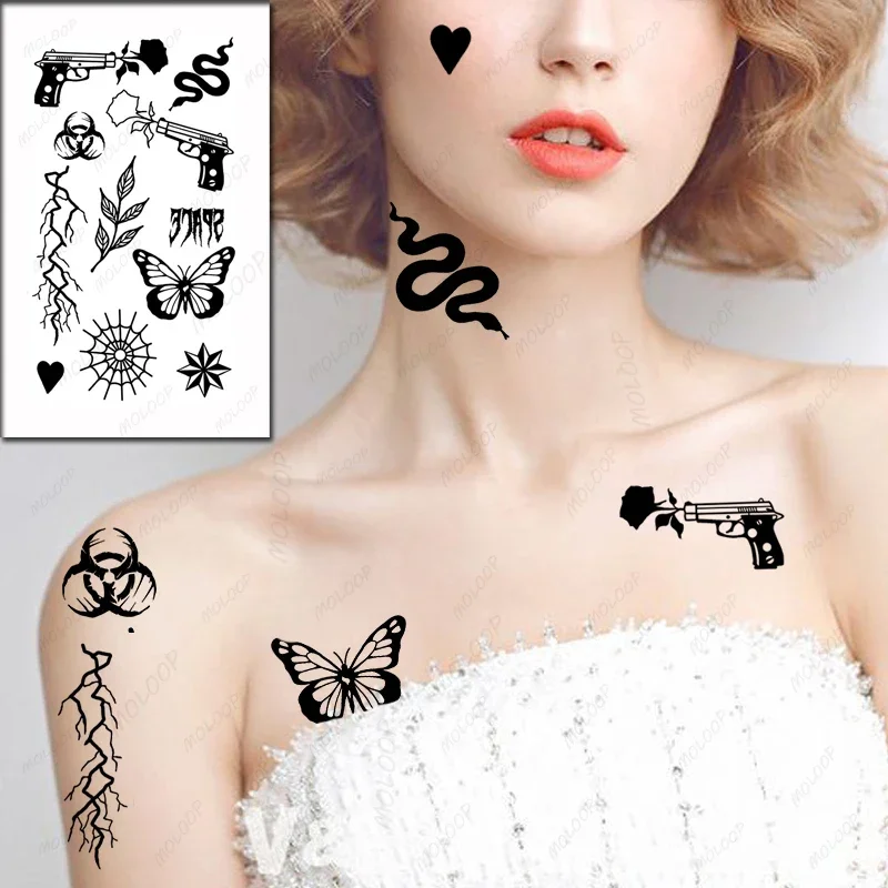 Gun Swallow Waterproof Temporary Tattoo Sticker Black Star English Letters Fake Tatto Flash Tatoo Hand Chest Body Art for Men