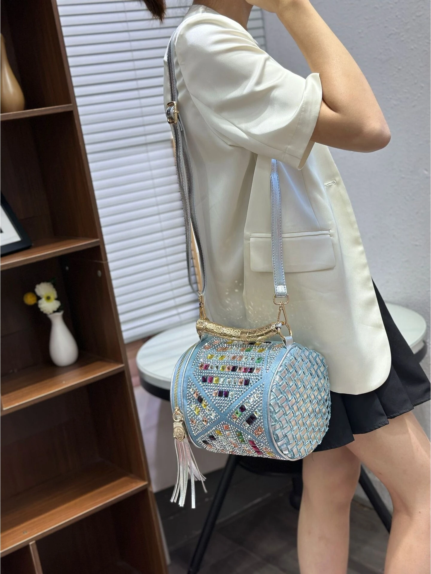 Fashionable  Handbag  Rhinestone Tassel Small Bag Denim Sequin Single Shoulder Slant Cross Bag for Women