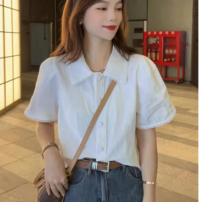 French Style Pink Doll Neck Short Sleeved Shirt for Women\'s Summer 2024 New Western Style Age Reducing Casual Versatile Top