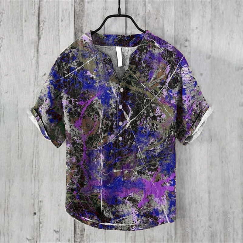 Men's tie-dye Loose Top short-sleeved V-neck Shirt Breathable Casual Fashion men's Wear